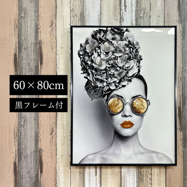水晶パネル アートパネル 水晶絵 60×80cm 黒フレーム付き 女性 人物 クリスタル 絵 イラス...