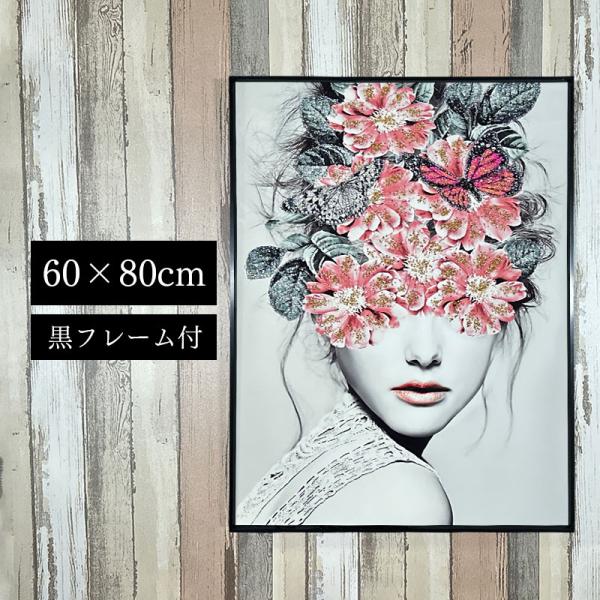水晶パネル アートパネル 水晶絵 60×80cm 黒フレーム付き 女性 人物 クリスタル 絵 イラス...