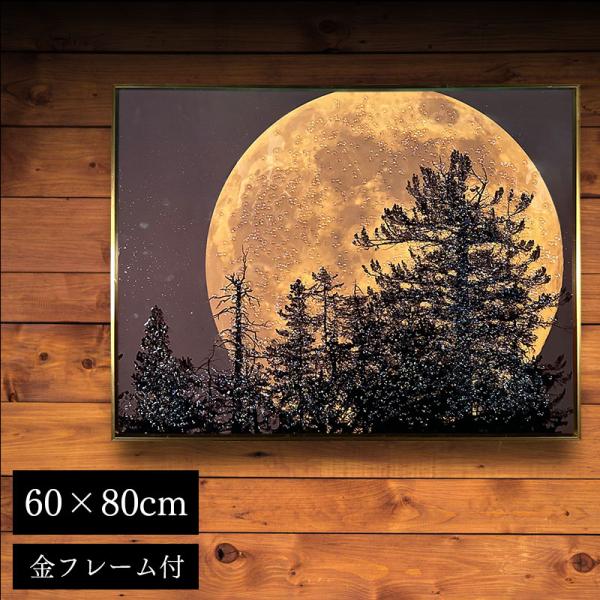 水晶パネル アートパネル 60×80cm 満月 風景 金フレーム付き クリスタル シルバー 絵 イラ...