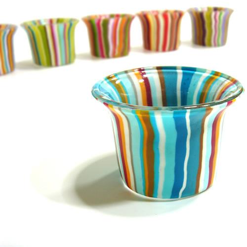 ドイツ　ガラス製　カラフルな6色のキャンドル＆キャンドルスタンド　ストライプ　（6個セット）