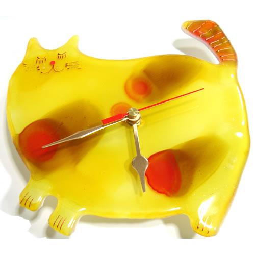 ドイツ　ガラス製　おしゃれねこ時計　イエロー