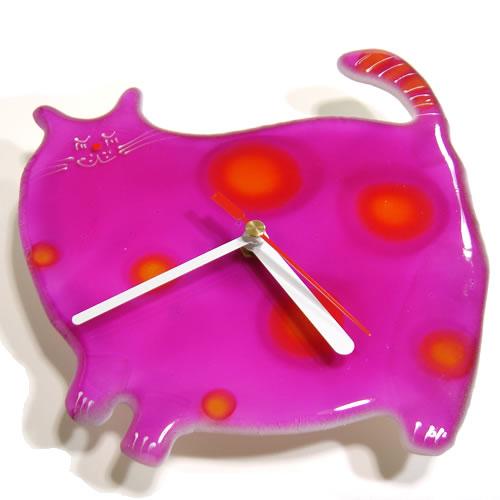 ドイツ　ガラス製　おしゃれねこ時計　ピンク