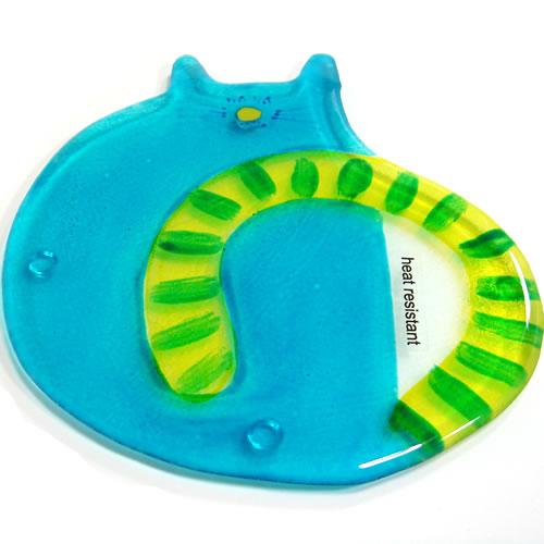 ドイツ　ガラス製　おしゃれねこコースター　ブルー