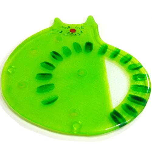 ドイツ　ガラス製　おしゃれねこコースター　グリーン