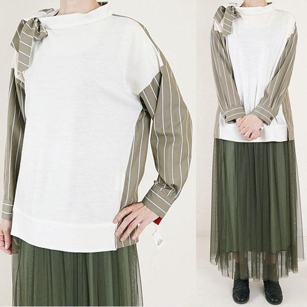 生成りカーキストライプコンビプルオーバー