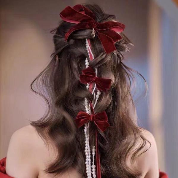 ウエディング ヘッドドレス パールヘアバンド リボン 赤 ベルベット ワインレッド 冬 髪飾り 花嫁...