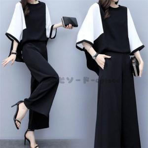 パンツセットアップ レディース 2点セット ワイドパンツ パンツドレス シャツ ブラウス ガウチョパンツ シフォン 着痩せ 30代 40代 大人 上品 通勤 結婚式 OL