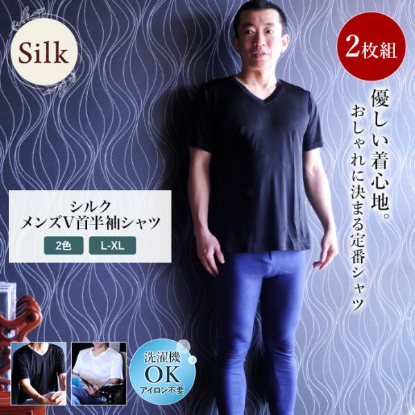 シルク25％ ビスコース75％ Tシャツ 2枚組 メンズ 登山 半袖 肌着 Vネック インナー 汗取...
