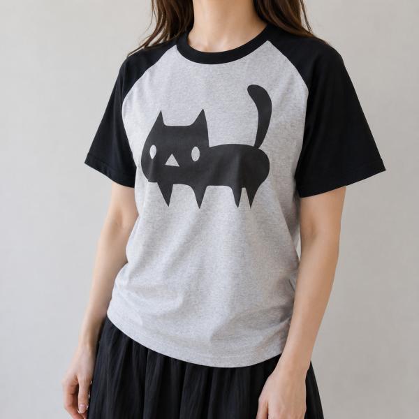 ラグランTシャツ 猫 グレー ホワイト S〜LL 黒ネコ