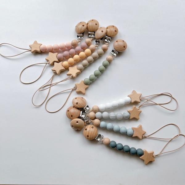おしゃぶりホルダー くすみビーズとホシ トイホルダー ストラップ 木製 おもちゃホルダー ベビー雑貨...
