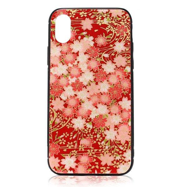 iPhone X ケース アイフォンケース 美濃和紙 日本製 桜と流水 レッド 和柄 スマホケース ...