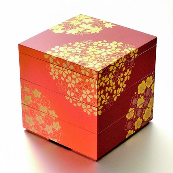 【日本製】花丸春秋　5.0三段重（古代朱）【和食器　漆器　正月　お重　弁当箱】