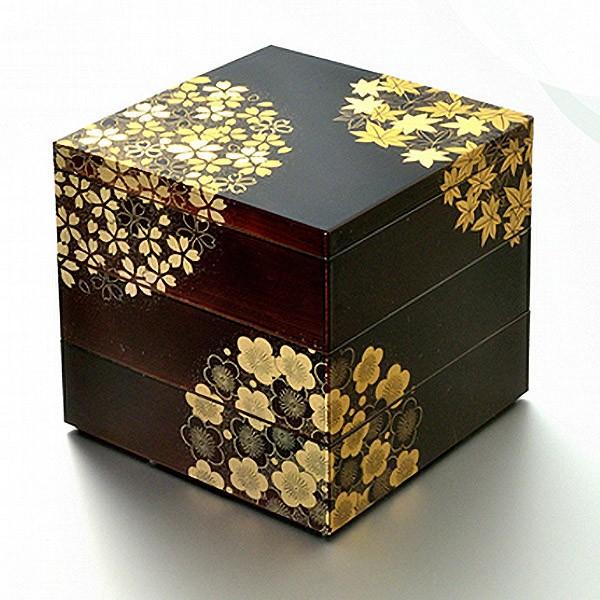 【日本製】花丸春秋　5.0三段重（溜）【和食器　漆器　正月　お重　弁当箱】