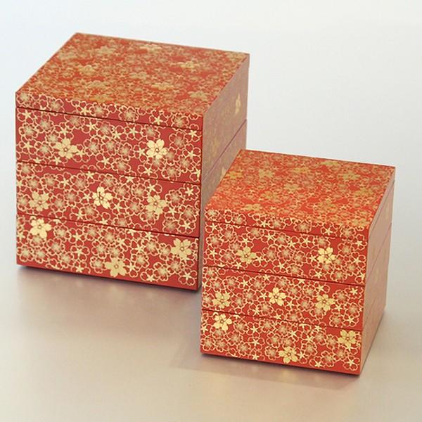 【日本製】桜づくし　5.0三段重（朱）【和食器　漆器　正月　お重　弁当箱】
