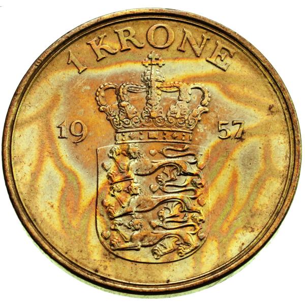 デンマーク　1957年　フレデリック9世　1クローネ　黄銅貨　Denmark 1957　1 kron...