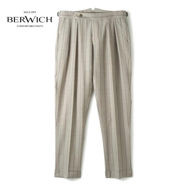 BERWICH / ベルウィッチ ストライプ柄ウールトロピカルアジャスター付き2プリーツパンツ(SC...
