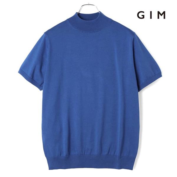 GIM / ジムシーアイランドコットン18G半袖モックネックニット（ブルー）