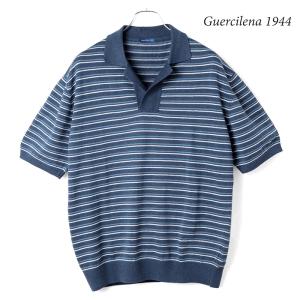 Guercilena 1944 / グエルチレーナリネンコットンハイゲージボーダー柄半袖スキッパーニットポロシャツ(LUIGI/R)（ネイビーブルー×ライトブルー×ホワイト）｜lunedomenica