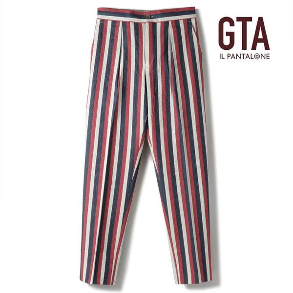 GTA / ジーティーアーストライプ柄コットンナイロンストレッチシアサッカー１プリーツテーパードドロ...