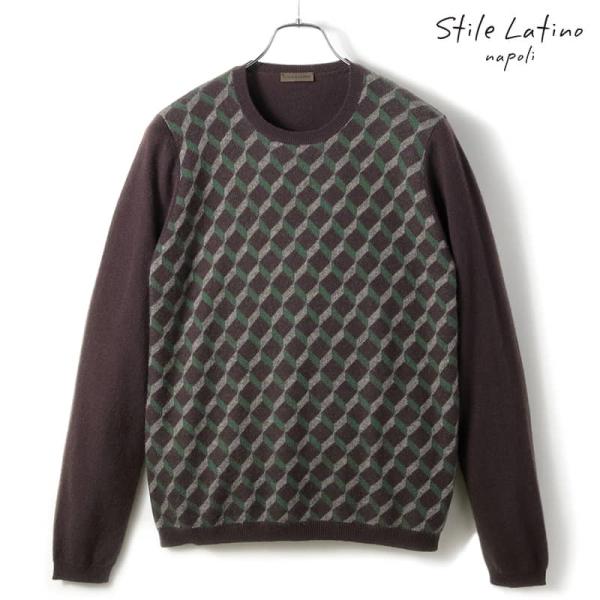 Stile Latino / スティレラティーノ ジオメトリック柄カシミヤシルクハイゲージクルーネッ...