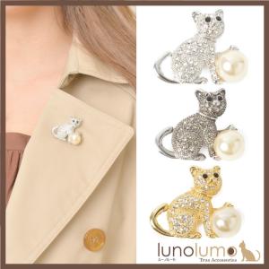 メール便送料無料 ブローチ レディース ネコ ねこ 猫 キラキラ パール シルバー 黒 ゴールド B