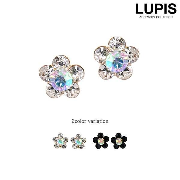 ピアス レディース フラワー お花 ストーン ビジュー オーロラ ブラック クリア プチ ミニ 小さ...