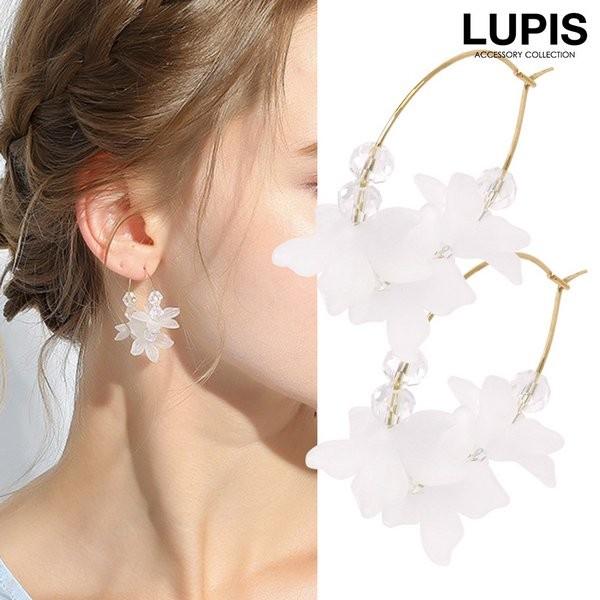 フープピアス フラワー レディース ペタル クリア 大ぶり 大きめ ビーズ おしゃれ かわいい 大人...