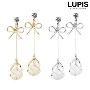 ピアス レディース リボン ロング 揺れる ゴールド シルバー ストーン 韓国っぽ ガーリー ルピス LUPIS｜lupis