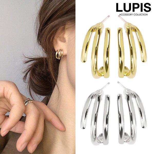 ピアス フープピアス トリプルライン 変形 メタル S925ポスト シルバー925ポスト ゴールド ...