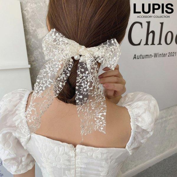 ヘアゴム リボン パール ヘアアクセサリー 刺繍 オーガンジー レース シアー 大きめ 大ぶり おし...