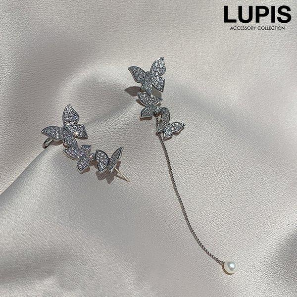 ピアス レディース バタフライ 蝶 バックキャッチ チェーン イヤーカフ パール パヴェ ストーン ...