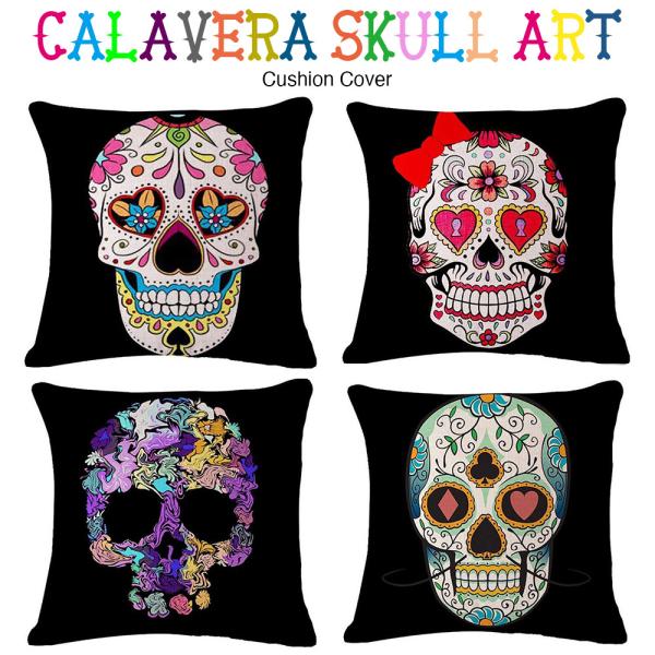 カラベラ スカル アート クッション カバー 45×45cm 全4種 メキシコ ドクロ ガイコツ 死...