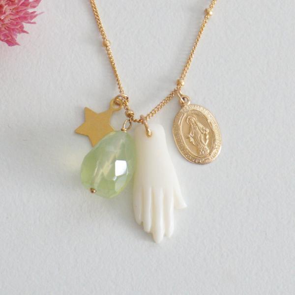 7amulet ハンド 手 奇跡 メダイ プレナイト 星 スター 天然石 グリーン ネックレス 14...