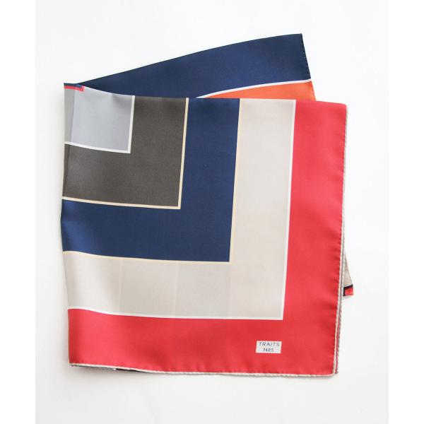 【SALE】TRAITS スクエアプリント シルクスカーフ レッド系