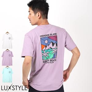 Tシャツ メンズ 半袖 バックプリント サーフ イラスト ロゴ パームツリー ビター系｜lux-style