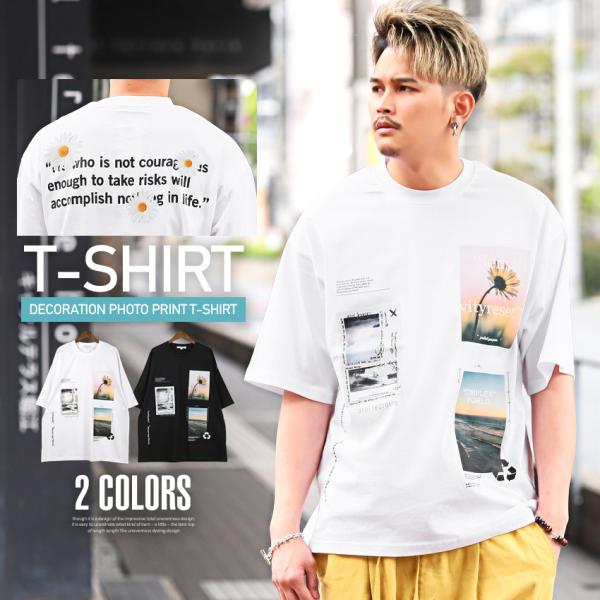 Tシャツ メンズ 半袖 ビッグシルエット プリント フォト ロゴ 花 白 黒 ストリート