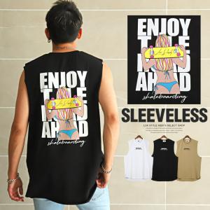 ノースリーブ Tシャツ メンズ ロゴ サーフガール プリント カットオフ 夏 ビター系｜lux-style