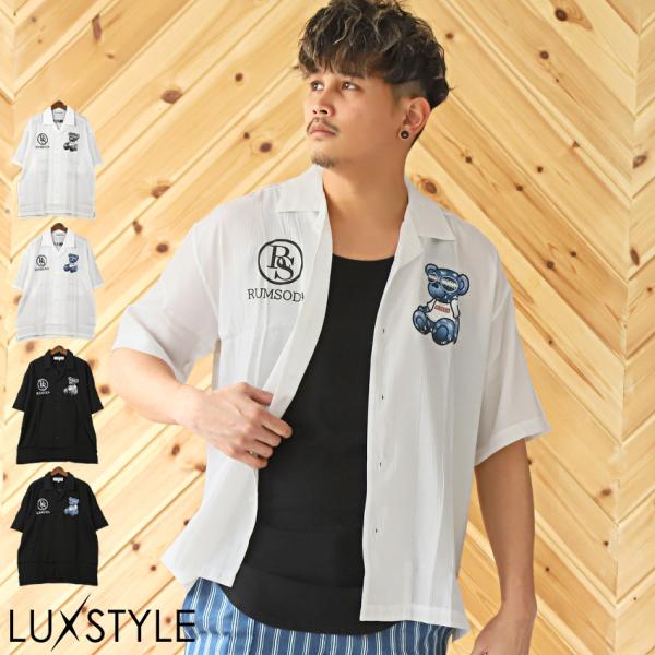 セール 半袖シャツ メンズ オープンカラー テディベア クマ ロゴ プリント ビッグシルエット ドロ...