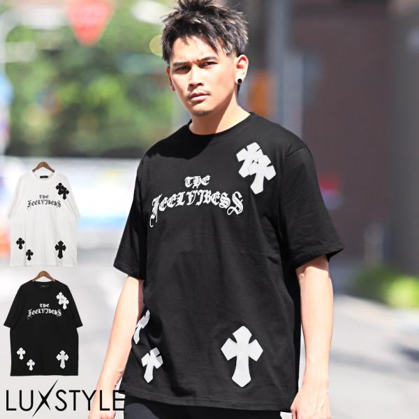 セール Tシャツ メンズ 半袖 ロゴ 刺繍 十字架 アップリケ ホワイト ブラック ルーズ ストリー...