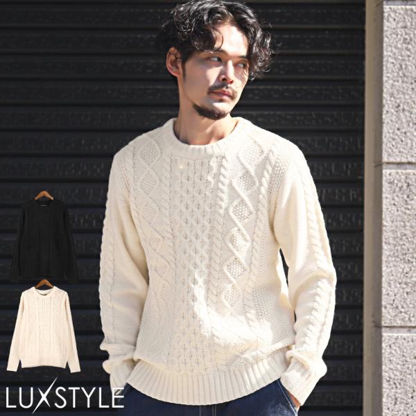 ニット メンズ セーター ニットソー ケーブル編み クルーネック アクリル 無地 秋冬