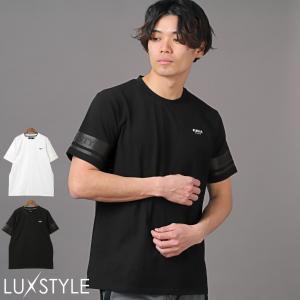 Tシャツ メンズ 半袖 ラバープリント ロゴ ライン カットソー クルーネック 白 黒 ビター系｜lux-style