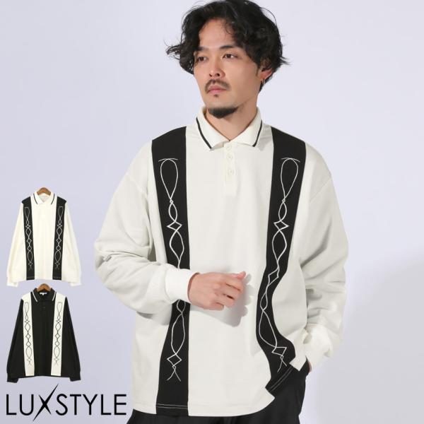 ポロシャツ ロンT 長袖 メンズ 長袖ポロシャツ 襟付き キューバシャツ 刺繍 切替 モノトーン オ...