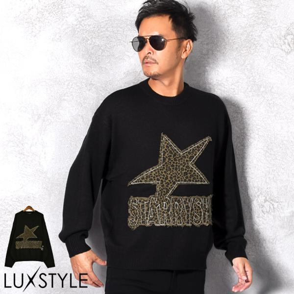 ニット セーター メンズ レオパード ヒョウ柄 豹柄 星 スター ロゴ 貼り付け リメイク風 aa-...