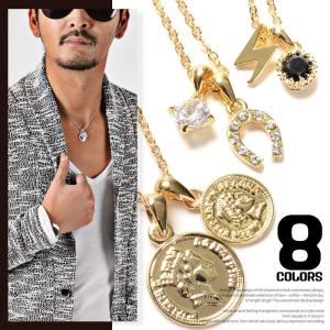 ▲メール便対象▲ ネックレス メンズ アクセサリー コイン チャーム ストーン ラインストーン 馬蹄 クロス