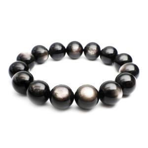 ブレスレット シルバーオブシディアン 14.0mm玉 高品質ランク-AAA 内寸サイズ-約17.0c...
