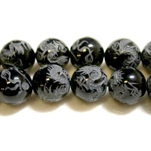 天然石/彫刻ビーズ/黒龍（オニキス）ビーズ（14mm）　1粒　｜luz