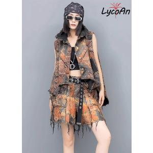 【LycoAn】レトロデザインダメージベスト /レトロ柄/ジレ/デニム