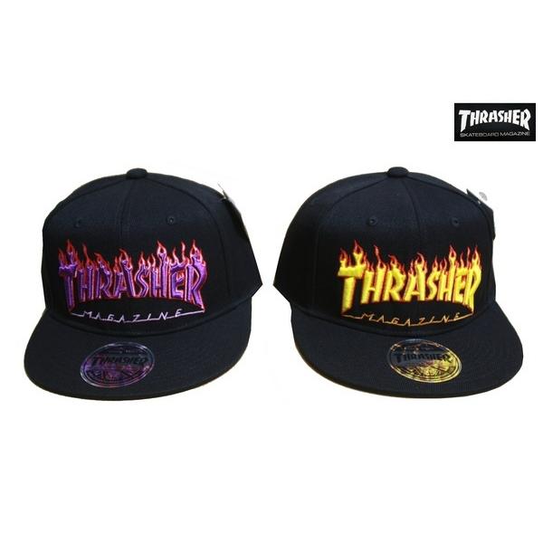 THRASHER キャップ FLAME LOGO ポリエステルサージ 平ツバキャップ THR-C05...