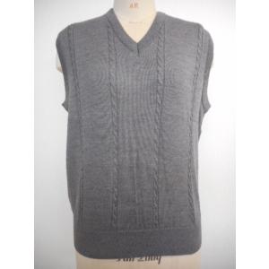 ウール100％　ケーブル柄　メンズVベスト　グレー