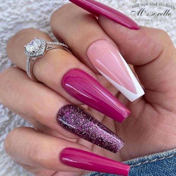 ネイルチップ ロング 韓国 ネイルチップ 成人式 振袖 派手 ピンク 可愛い かわいい バレリーナ ...